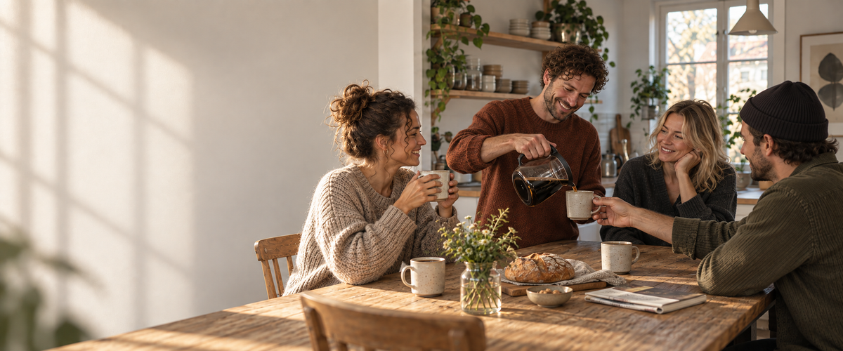 Fyra vänner delar en varm kaffemorgon i ett skandinaviskt kök