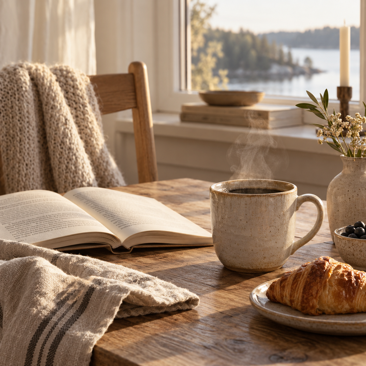 En långsam kaffemorgon med bok och kaffe